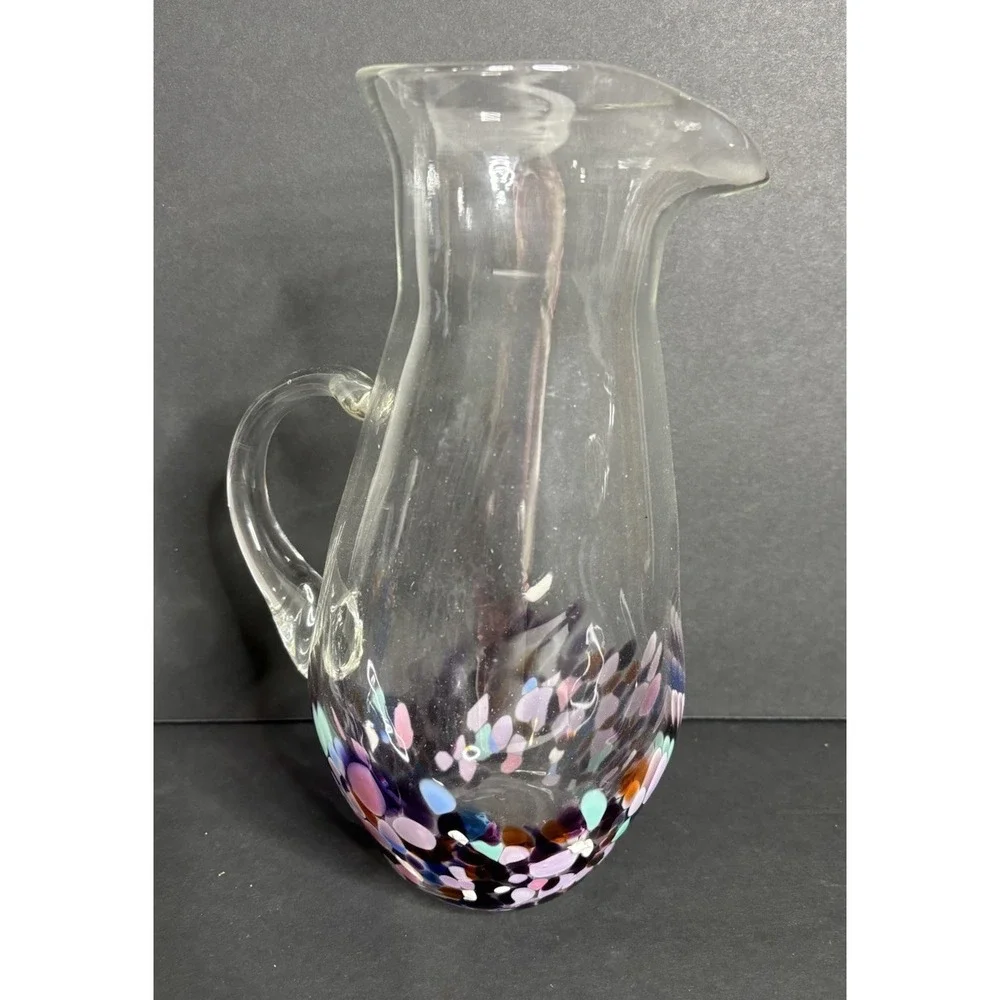 Hand Blown Art Glass Pitcher Purple Confetti Dot 10